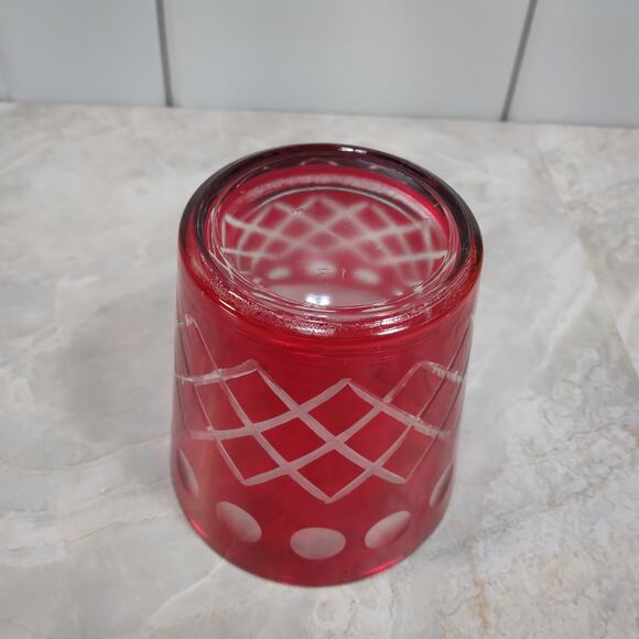 Vtg Czech Style Ruby Red Diamond Cut Glass 3" Bar Cocktail Tumbler Rocks Glass - Picture 5 of 10